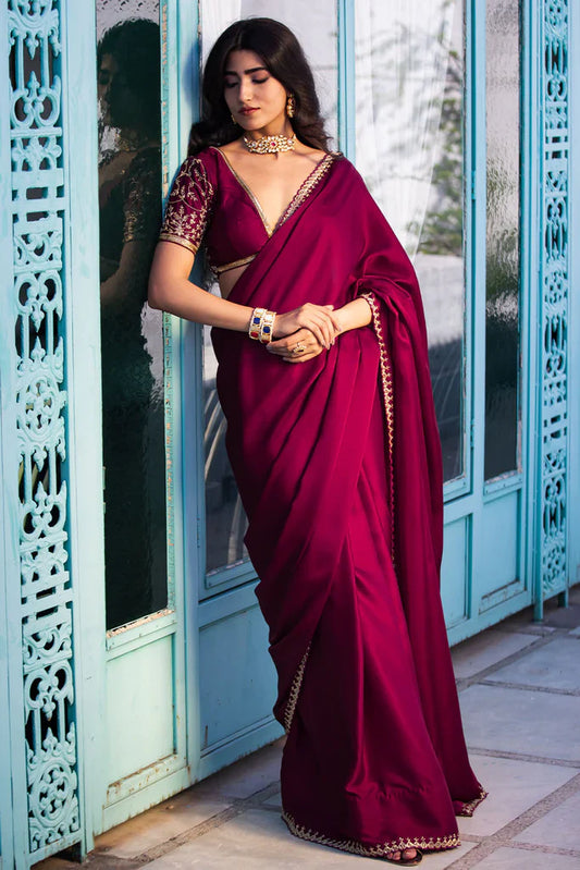 Dark Scarlet Colour Satin Saree